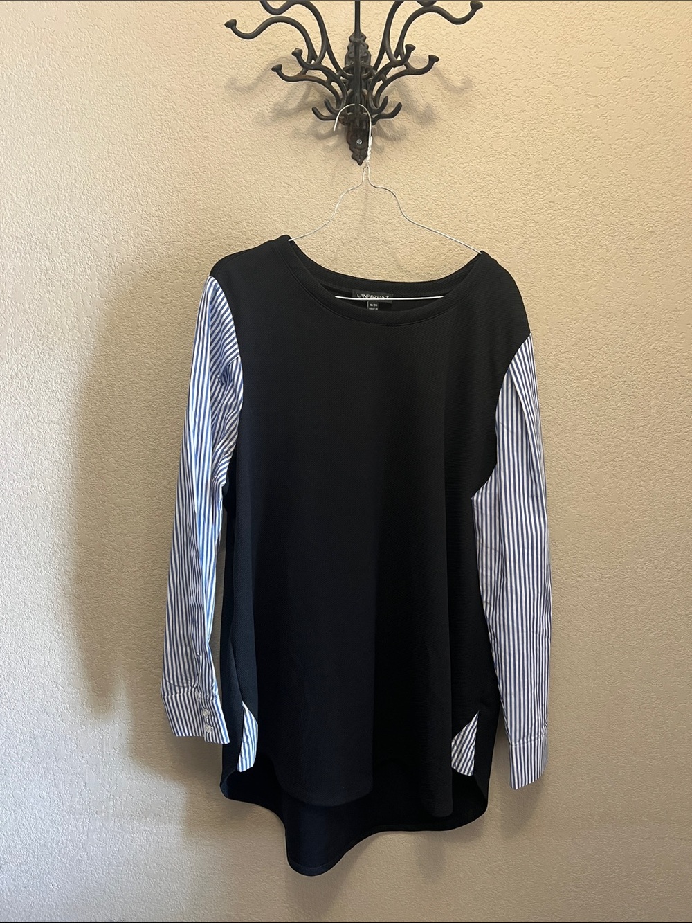 Lane Bryant Black Pullover with Blue and White Striped Sleeves